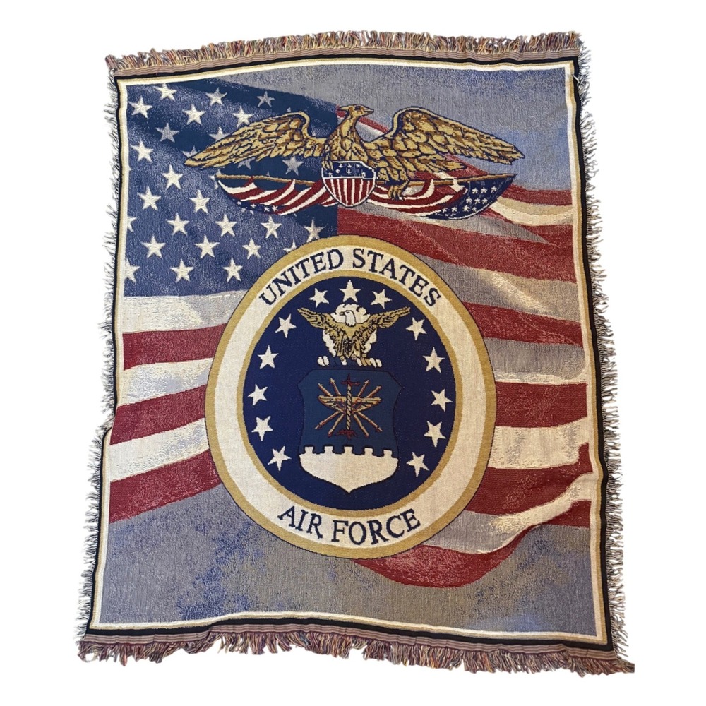 United States Air Force Woven Throw Blanket American Flag Eagle Fringed 49x59